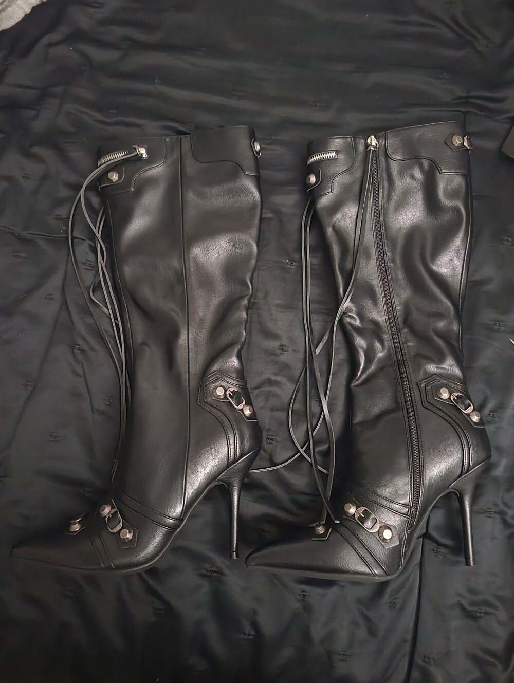 Women's Black Leather High-Heel Knee Boots